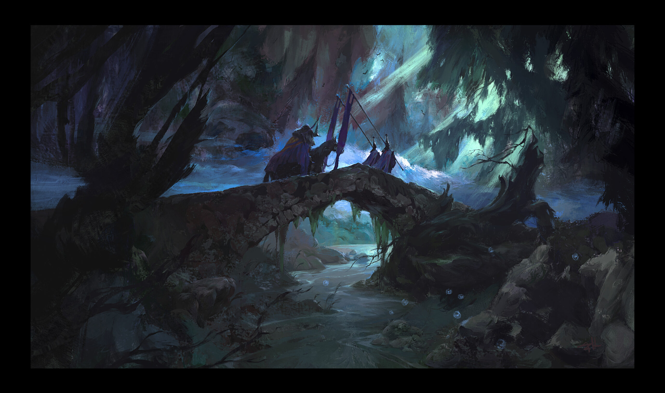 the image shows a stone bridge spanning a shallow river in a dark and atmospheric forest at night. the bridge is old and partially covered in moss, with a broken archway. two figures, seemingly soldiers or travelers, are crossing the bridge. one figure is mounted and carries a banner, while the other walks alongside. the forest is dense and dark, illuminated only by faint moonlight filtering through the canopy, casting an ethereal glow. the overall atmosphere is one of mystery and quiet adventure.