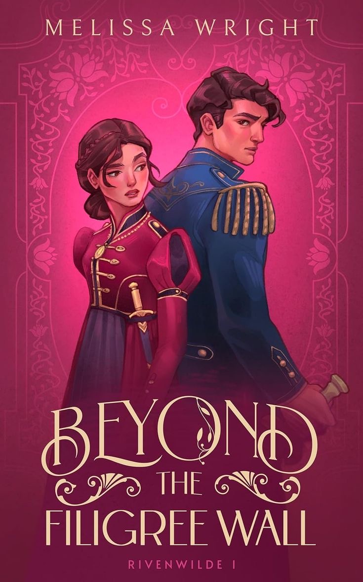 the book cover features a young woman and man standing close together. they are both dressed in elaborate clothing, and the woman is holding a sword. behind them is a wall decorated with intricate filigree. the title of the book is "beyond the filigree wall," and the author's name is "rivenwilde i." the cover is designed in a romantic and mysterious style, hinting at a story filled with adventure and excitement. the cover is designed to appeal to young adult readers who enjoy fantasy and romance novels. the title and author's name are written in a stylish and elegant font. the overall design of the cover is eyecatching and intriguing, making readers want to learn more about the book.