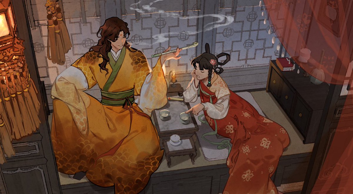 illustration depicting a man and a woman in traditional chinese clothing, seated in a room. the man, wearing a yellow robe, holds a smoking pipe. the woman, in a red robe, points towards a teacup on a low table between them. a lantern hangs in the background. the setting appears to be a bedroom with traditional chinese decor.