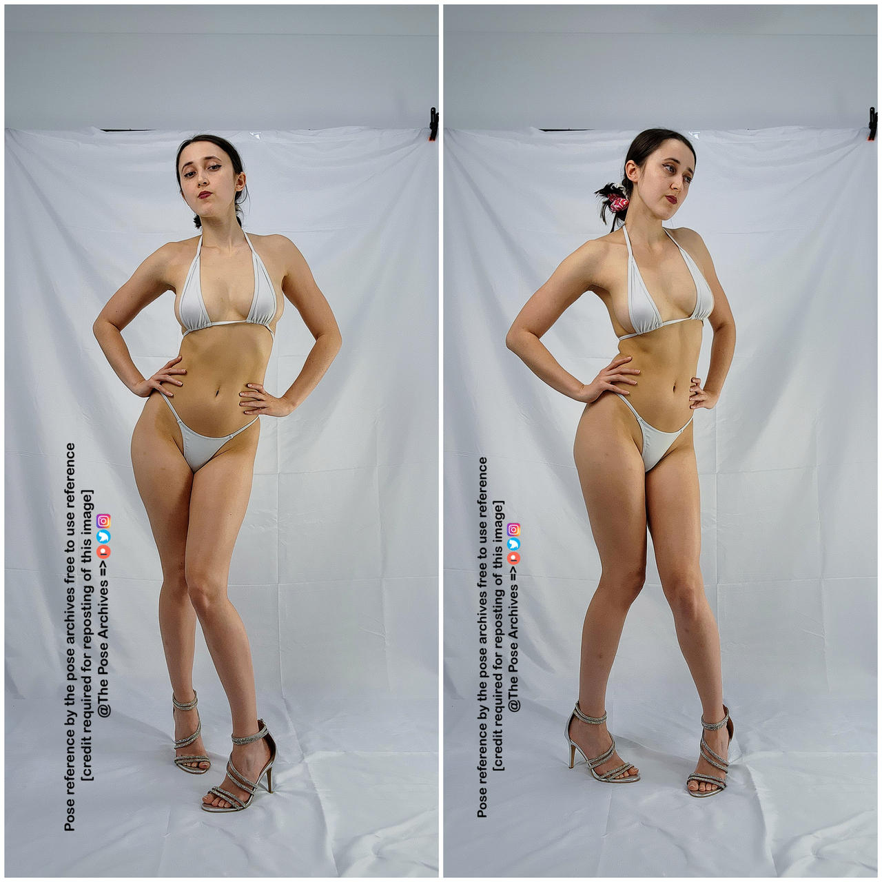 a young woman in a white bikini poses confidently against a white backdrop in a studio setting. the two images showcase the same pose from slightly different angles. she is wearing high heels and has her hand on her hip, projecting a strong and stylish demeanor.