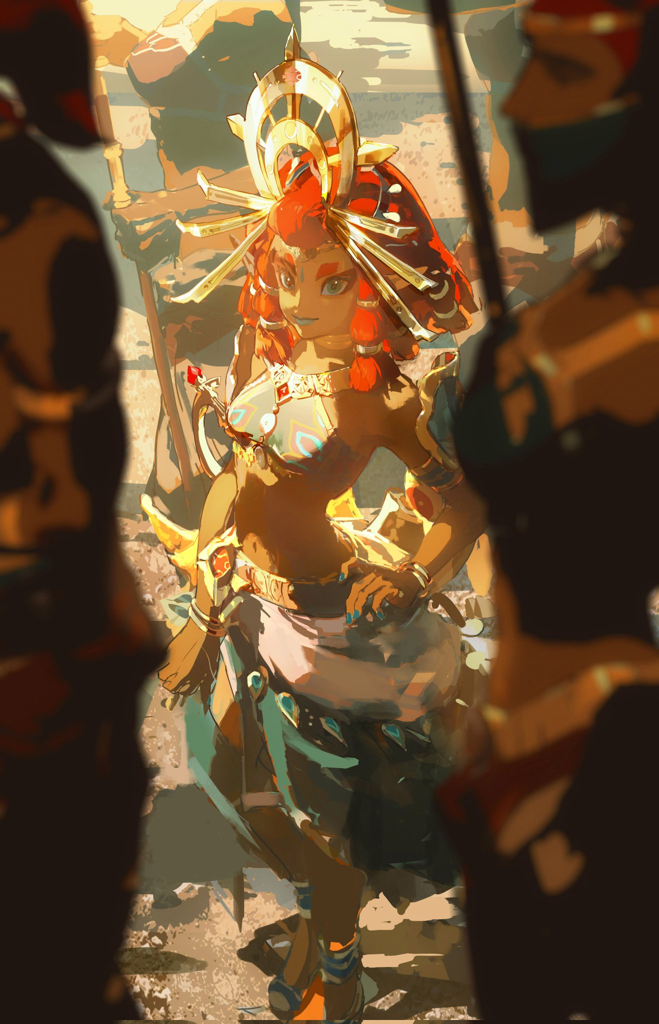 a gerudo woman from the video game "the legend of zelda: breath of the wild" is drawn in a style that resembles the official art for the game. she stands, looking to the side, her head adorned with a sunlike crown. she is wearing a golden and blue outfit with a large gold sword strapped to her back. she has brown skin and red hair. the image is framed by two blurry figures, which appear to be  gerudo guards or warriors, standing on either side of her. their forms are partially obscured by the light and shadow of the scene.