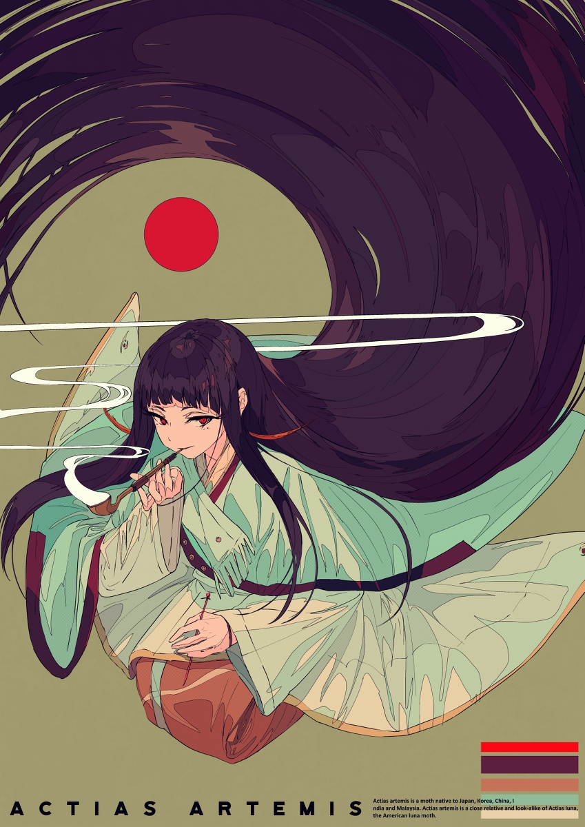 the image is a digital illustration of an animestyle girl with extremely long, flowing black hair that swirls around her. she is dressed in a light green kimonolike garment with brown accents.  she is holding a pipe and appears to be smoking it. a red circle is visible in the background, and there's a subtle smoky effect. the style is artistic and evocative, with a mix of soft and bold lines and colors.  text at the bottom identifies the piece as "actias artemis" and contains additional information about the artist and the moth species that inspired it.