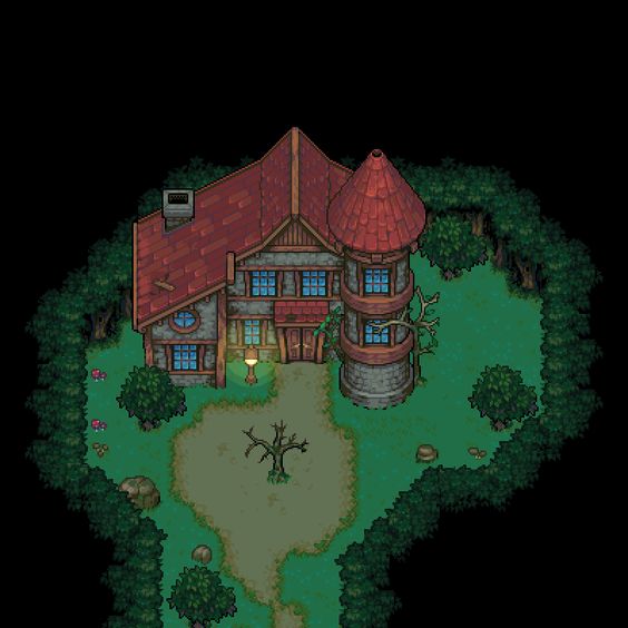 the pixel art image depicts a twostory house with a round tower attached, nestled in a clearing within a dark forest. the house, made of stone and wood, features a red tiled roof, multiple windows, and a prominent chimney. a lit lamp hangs near the front door. a winding path leads to the house through the dense trees and vegetation. the scene is shrouded in the darkness of night, illuminated by the faint glow of the lamp and possibly moonlight, giving it a mysterious and perhaps slightly eerie ambiance.