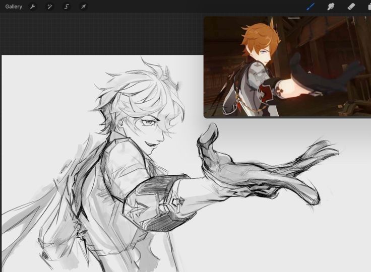 this is a digital sketch of an anime character. the character is a young man with white hair and red eyes. he is wearing a white shirt and a black jacket. he is holding a sword in his right hand and is in a fighting pose. the drawing is done in grayscale and has a rough, sketchy style.  there is a reference image in the upper right corner of the sketch. the reference is of the same character in a more detailed and colored design. the reference image shows the character in a similar pose.