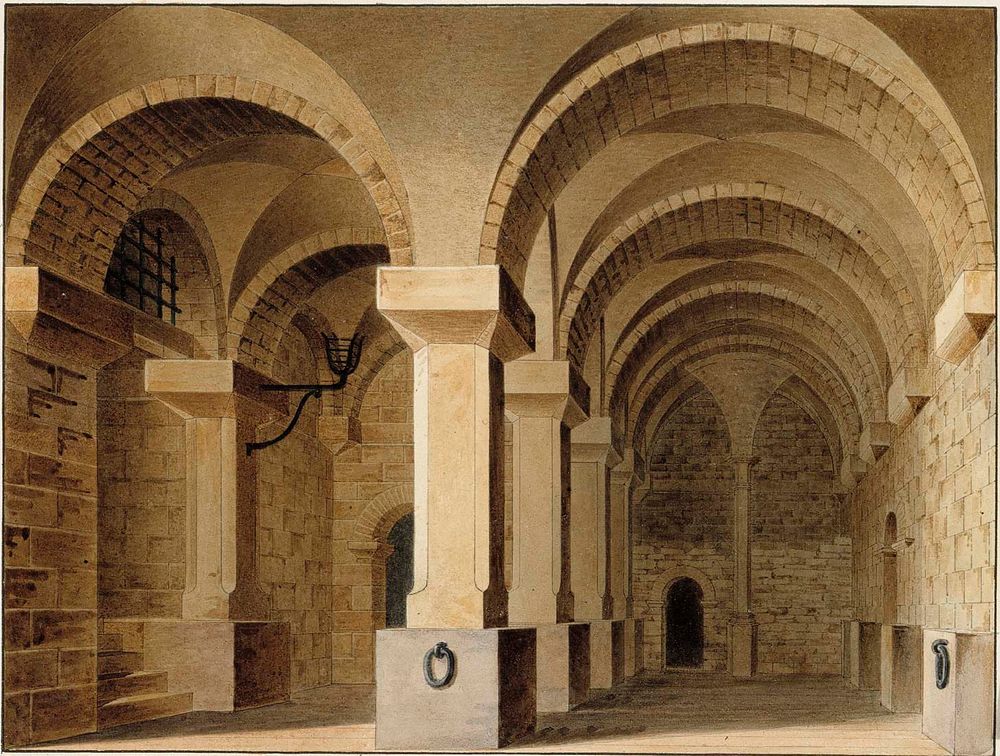 the image depicts a sepiatoned drawing of a vaulted crypt or dungeon. arches supported by pillars stretch across the room, creating a sense of depth and symmetry. the stone walls are made of large blocks, and the scene is lit with dramatic light and shadow. architectural details include a ring attached to a stone base, stairs, a window with a metal grate, and various other openings and passages. the overall atmosphere is medieval and ancient.