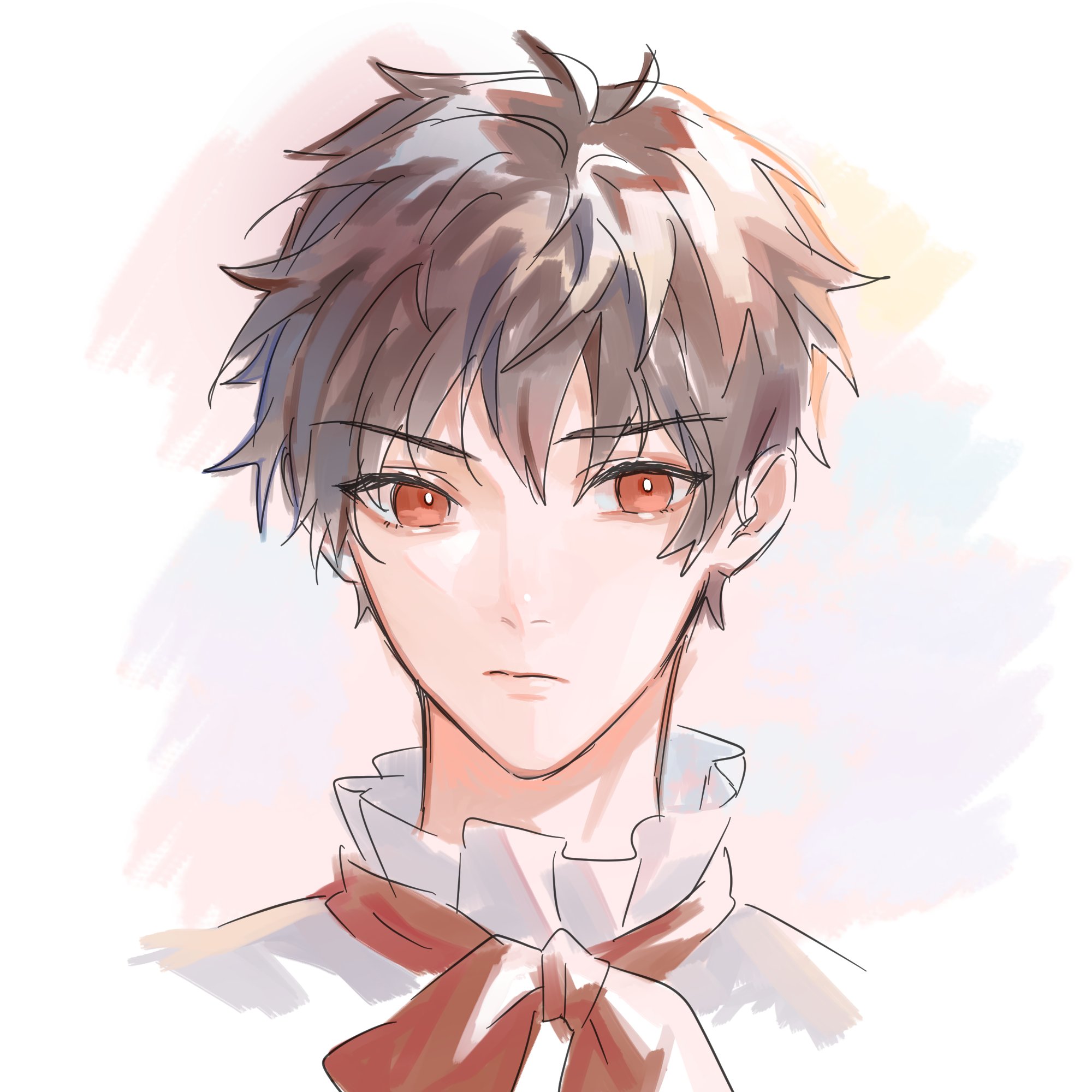 this is a digital illustration of a young anime boy with brown hair and red eyes. he has a serious expression on his face and is wearing a white shirt with a red bow tie. the background is a soft watercolor wash of light colors. the art style is soft and delicate, and the overall mood of the image is serene and introspective.