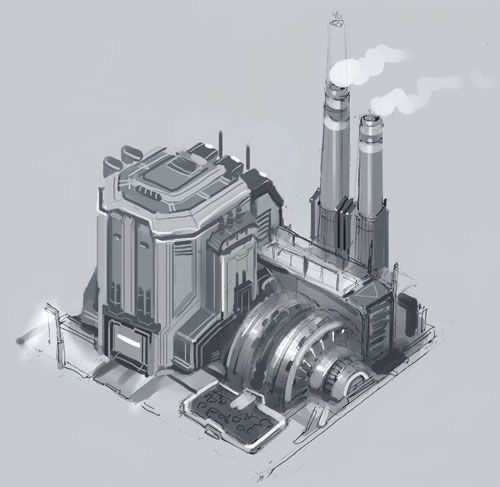 this image is a concept art of a futuristic factory building. it is depicted in an isometric perspective, showcasing a complex structure with pipes, machinery, and smoke stacks. the design is characterized by sharp angles, metallic surfaces, and a grayscale palette, creating a sense of industrial grittiness and advanced technology.