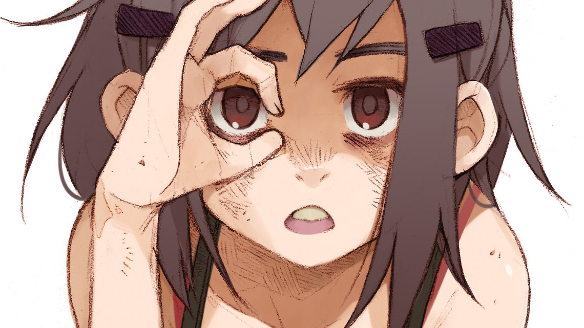 the image is a closeup illustration of a young anime girl with short brown hair and brown eyes. she's making a gesture with her right hand, forming an "ok" sign over her right eye. her face is flushed and has streaks of dirt, possibly sweat, running down, suggesting exhaustion or exertion. her expression is ambiguous, with wide, tired eyes and a slightly open mouth, hinting at worry or concern.