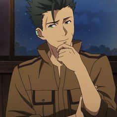 a greenhaired anime man is shown from the chest up.  he's wearing a brown jacket over a black shirt.  he has one hand on his chin as if he's thinking or smirking. the background is dark blue with a few stars visible, suggesting it's nighttime.  the lighting on his face looks artificial.  he is positioned slightly to the right.