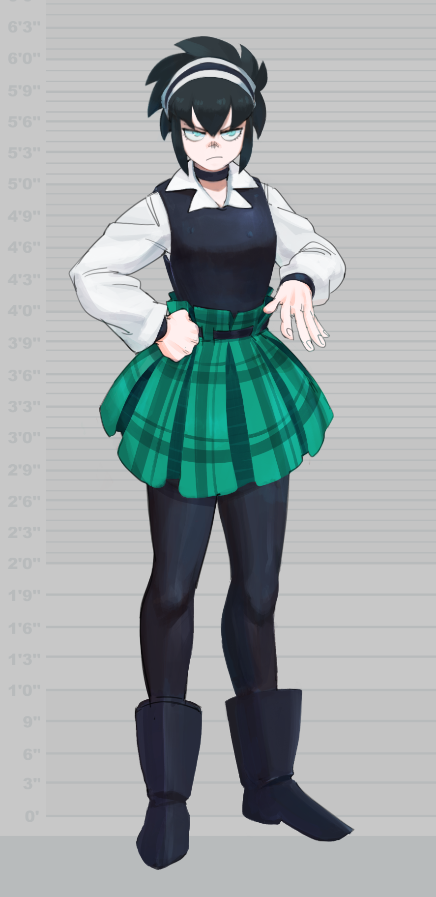 this is a fullbody drawing of an anime girl with black hair, a green plaid skirt, black shirt, and white blouse. she is wearing black boots and standing in front of a grey background with a height chart behind her. she is looking down and her expression is serious.