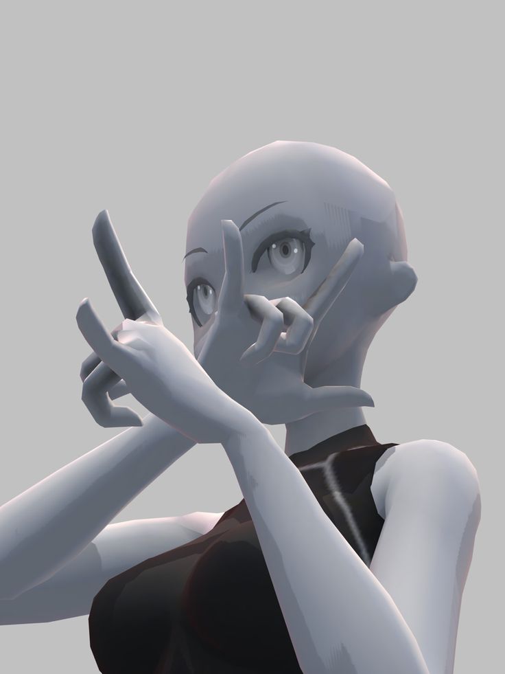 a digital illustration of a female anime character in a black dress, with light gray skin, and her hands in a pose. the image is rendered in 3d.