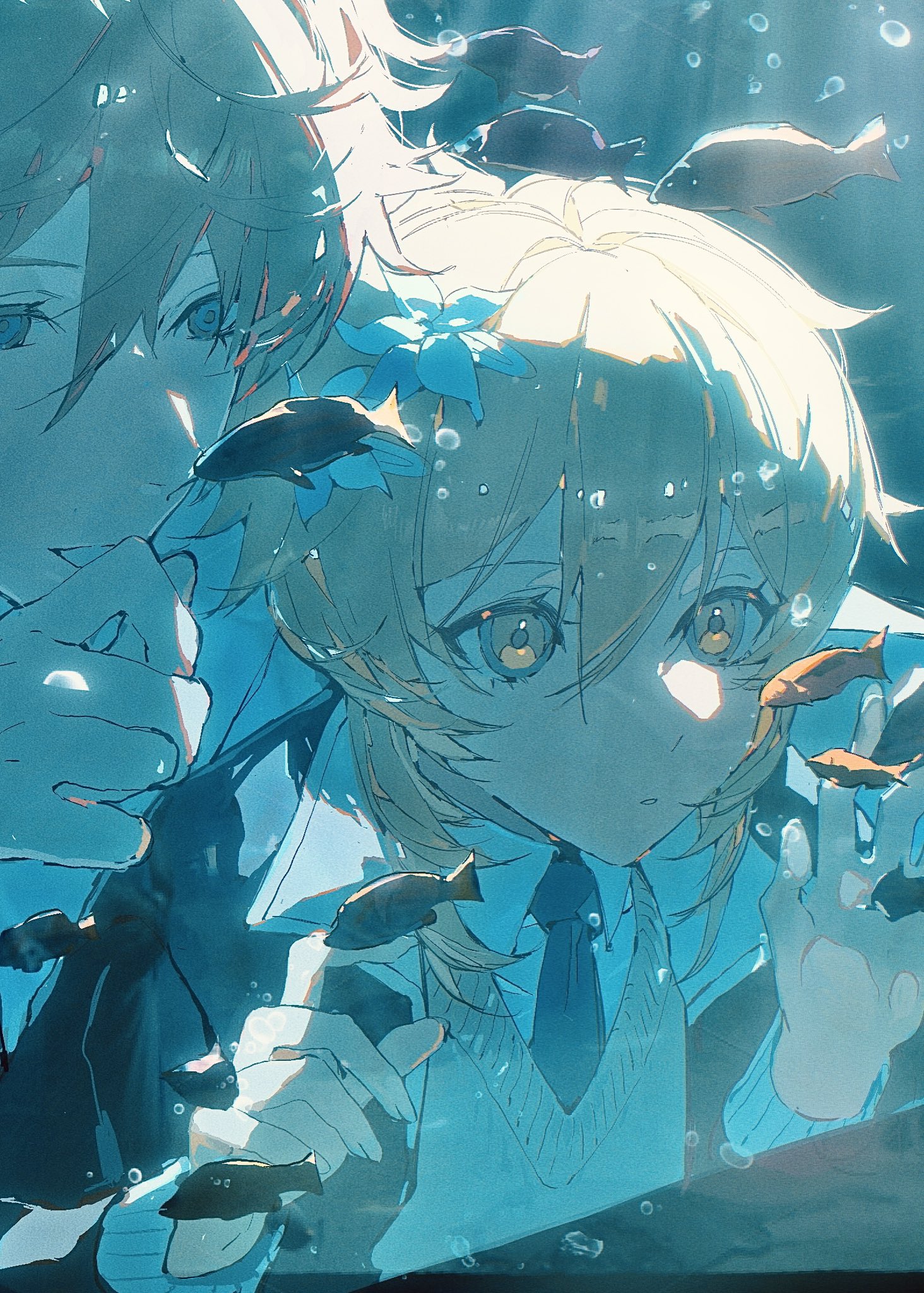 an animestyle illustration depicts two male characters underwater, surrounded by fish and bubbles. the character in the foreground has blonde hair, a school uniform with a tie, and is decorated with blue flowers near the top of their head. the other character, partially visible in the background, has darker hair. the scene is bathed in a cool, blue light.