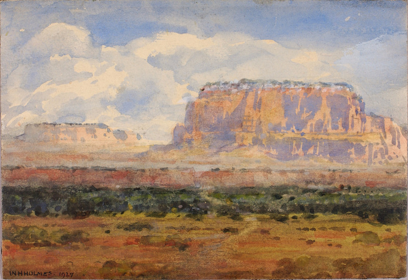 a watercolor painting depicting a desert landscape with mountains and clouds, created by w.h. holmes in 1929. the painting features a large plateau on the right side and a smaller plateau on the left, with clouds above the mountains and a desert landscape in the foreground.