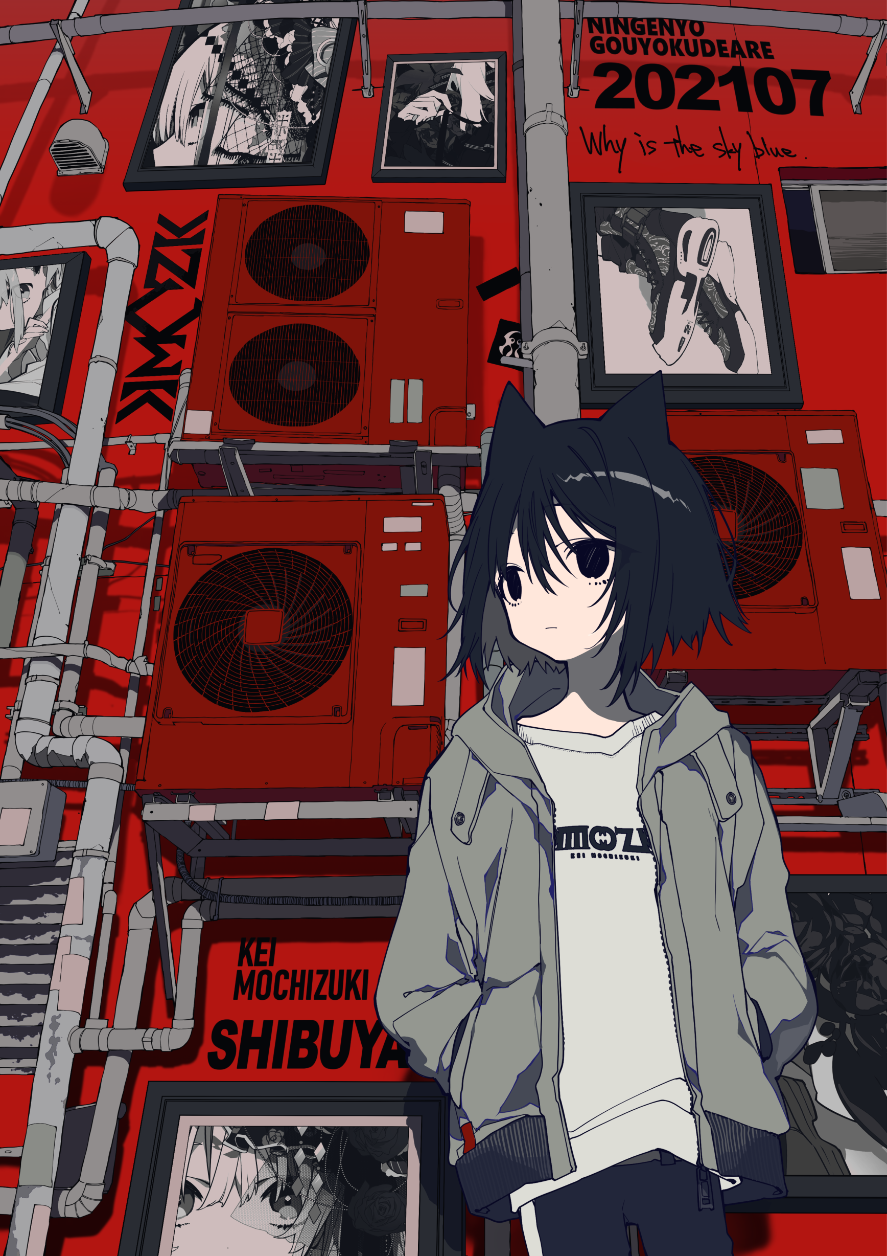 animestyle image of a girl with cat ears standing in front of a red wall with air conditioners, pipes, text, and framed pictures. the girl is wearing a hoodie. the text on the wall includes "shibuya," "kei mochizuki," "202107," and "why is the sky blue".
