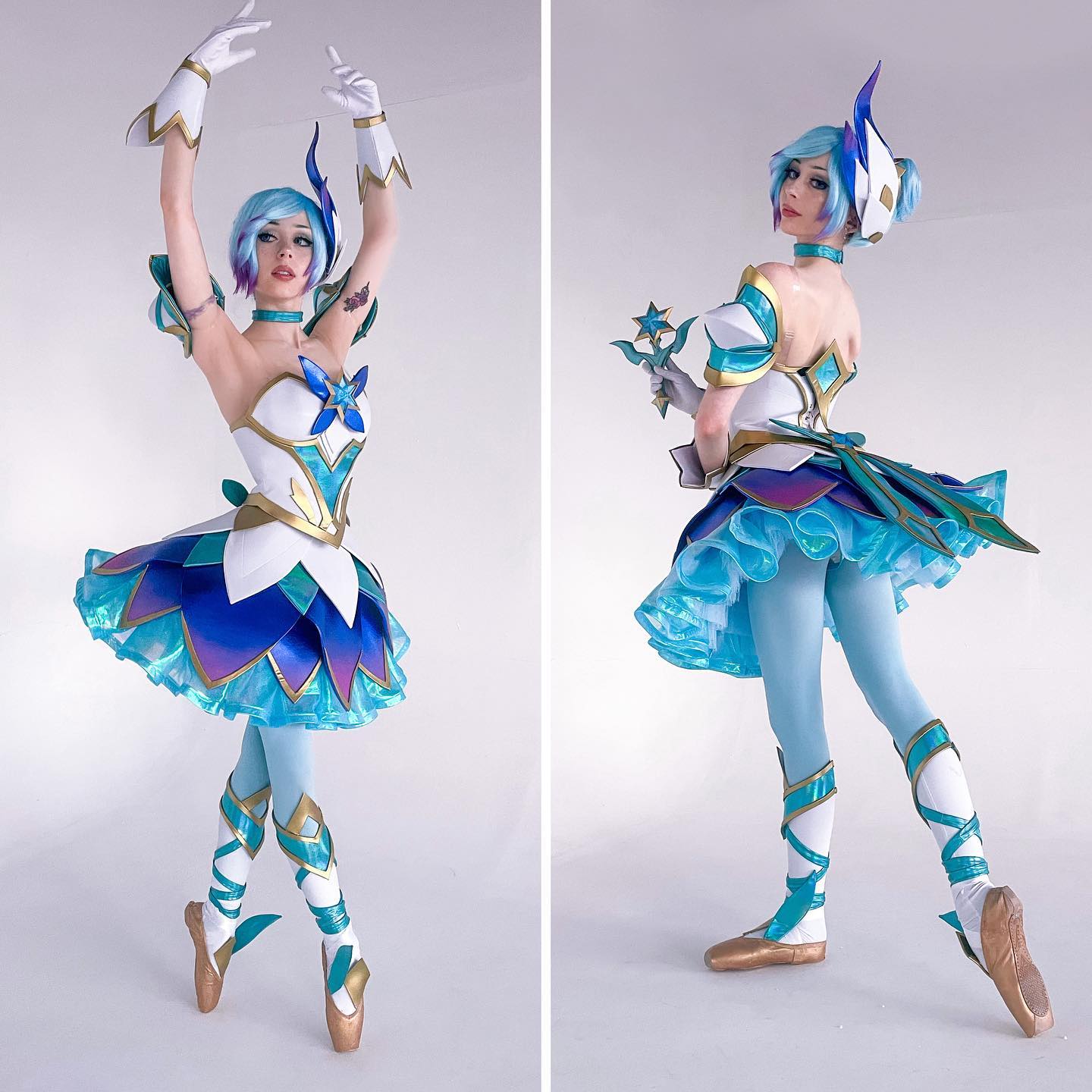 split image showcasing a cosplayer dressed as aurora, the starlight skin from mobile legends.  the left side displays a front view of the cosplayer in a graceful ballet pose, while the right side shows a threequarter back view with a slight turn, highlighting the intricate details of the costume. the costume is a beautiful ballerinainspired outfit with a tutu, detailed bodice, and pointe shoes, all incorporating a light blue, white, and gold color scheme.  the cosplayer's wig and makeup complete the look, capturing the magical and fantasy elements of the original character. the setting is a simple, white studio background that focuses the attention on the costume and the cosplayer's performance.