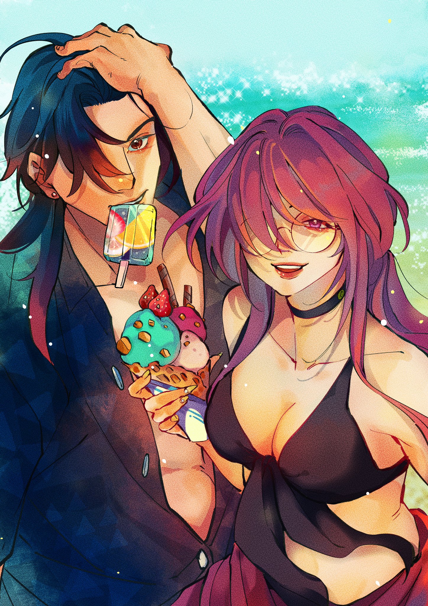 this image shows a man and woman standing in front of a beach background. the woman has long purple hair and is wearing a black bikini and a pink skirt. she's holding a waffle cone with ice cream, and she is smiling. the man has long black hair, and he is wearing a black buttondown shirt, and a black undershirt. he is holding a blue and green popsicle. he is looking at the woman and seems to be enjoying the beach day.