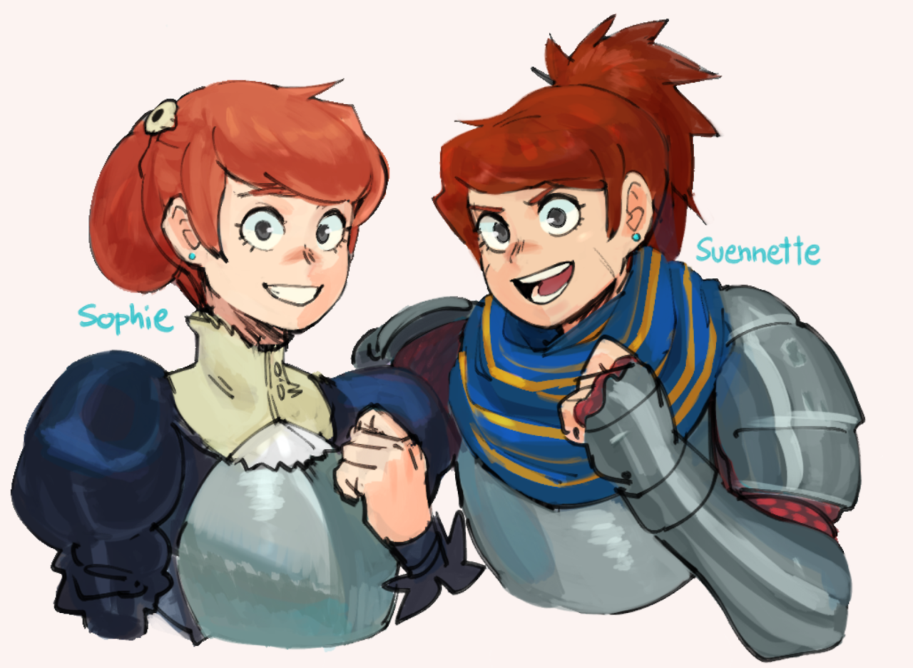 the image shows two cartoon girls side by side. the one on the left is dressed in a blue and white dress and has red hair, and is smiling and holding her fist up in the air. the one on the right is wearing armor, a blue and yellow scarf, and has red hair, and she is smiling with her fist in the air. there are bubbles above their heads, and the one on the left says "sophie", and the one on the right says "suennette".