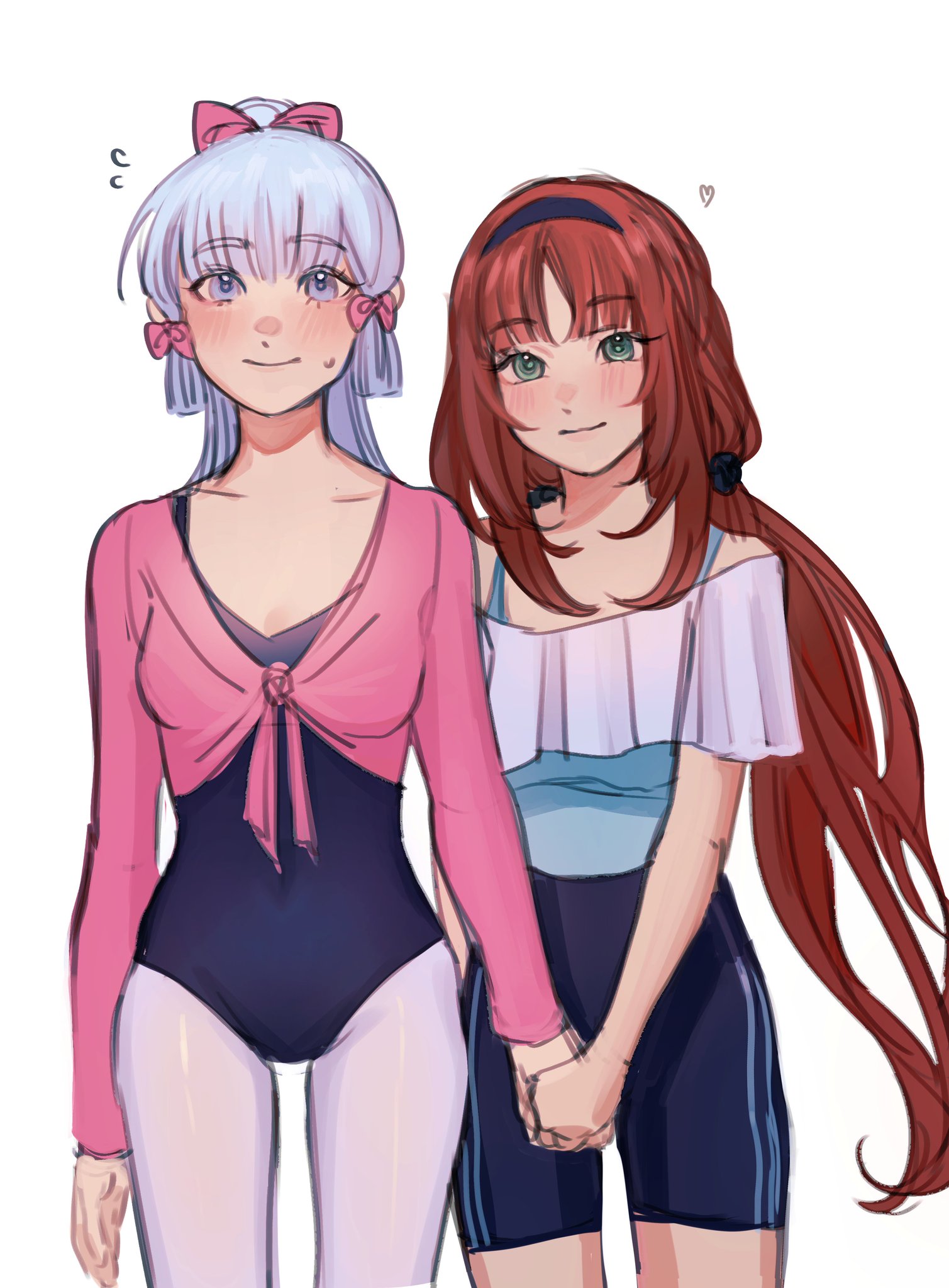 this image depicts two anime girls with their hands intertwined. one of the girls has long flowing red hair with a dark red ribbon in it and is wearing a white off the shoulder tank top with blue and black shorts, the other girl is wearing a pink sweater and a black leotard with a pink ribbon around her neck. both girls are smiling. they are both standing against a white background.