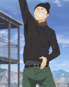 the image shows a young man with short black hair and a mischievous grin. he's wearing a black beanie, a black jacket, and green pants. he's standing on a wooden platform with a railing, pointing upwards with his right hand. the background features a clear blue sky and snowcapped mountains in the distance. the overall tone of the image is bright and cheerful.