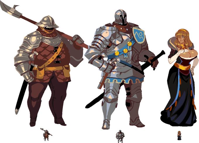 the image is a digital artwork showcasing a collection of fantasy characters in different sizes.  the main focus is on three large figures: a heavily armored knight, a large, lessarmored warrior wielding a halberd, and a regal woman in a long gown. two smaller figures, seemingly pixel art sprites, of a knight and a woman, are also included, illustrating a size comparison. the style is reminiscent of character art from 2d fantasy games, with a noticeable contrast between the large, detailed main characters and the smaller, simpler spritelike characters.  the overall color palette is relatively muted, with browns, grays, and dark blues predominating.