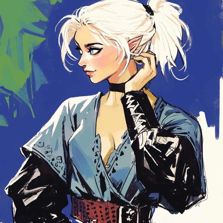 the image is a digital painting of a stylized female elf. she has long, white blonde hair pulled back into a ponytail, striking blue eyes, and pointed ears, indicating an elven or halfelven heritage. her expression is pensive and slightly alluring.  she is wearing a loose, blue garment with dark, detailed sleeves and a red belt. the clothing style suggests a fantasy setting. the art style is expressive, with visible brushstrokes and a blend of smooth and textured areas, creating a dynamic visual effect.  the background is a dark blue with hints of green, further enhancing the mysterious and fantasylike ambiance. the overall mood is intriguing and captivating.