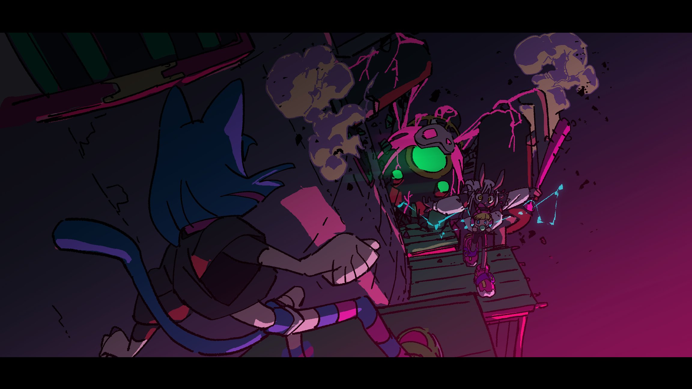 the image depicts an intense fight scene between a blue cat girl and a robot on a rooftop at night. the robot, piloted by a small figure, is exploding in a shower of sparks and smoke, bathed in neon green light. the cat girl, in the foreground, is dynamically leaping away from the explosion, her expression unseen. the scene is rendered in a vibrant, stylized art style reminiscent of anime and video games, with a strong emphasis on dynamic lines and bold colors. the use of neon colors and high contrast lighting creates a dramatic and cyberpunk atmosphere.