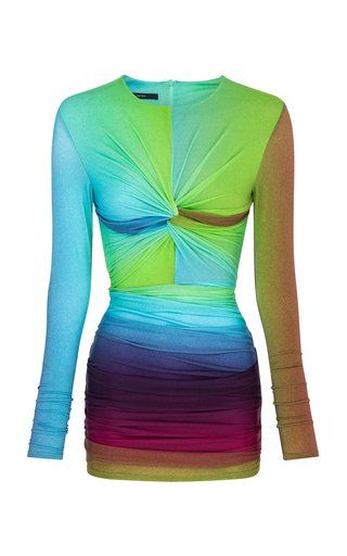 a longsleeved bodycon dress featuring an ombre color scheme. the dress is designed with a twisted knot detail at the center of the chest.