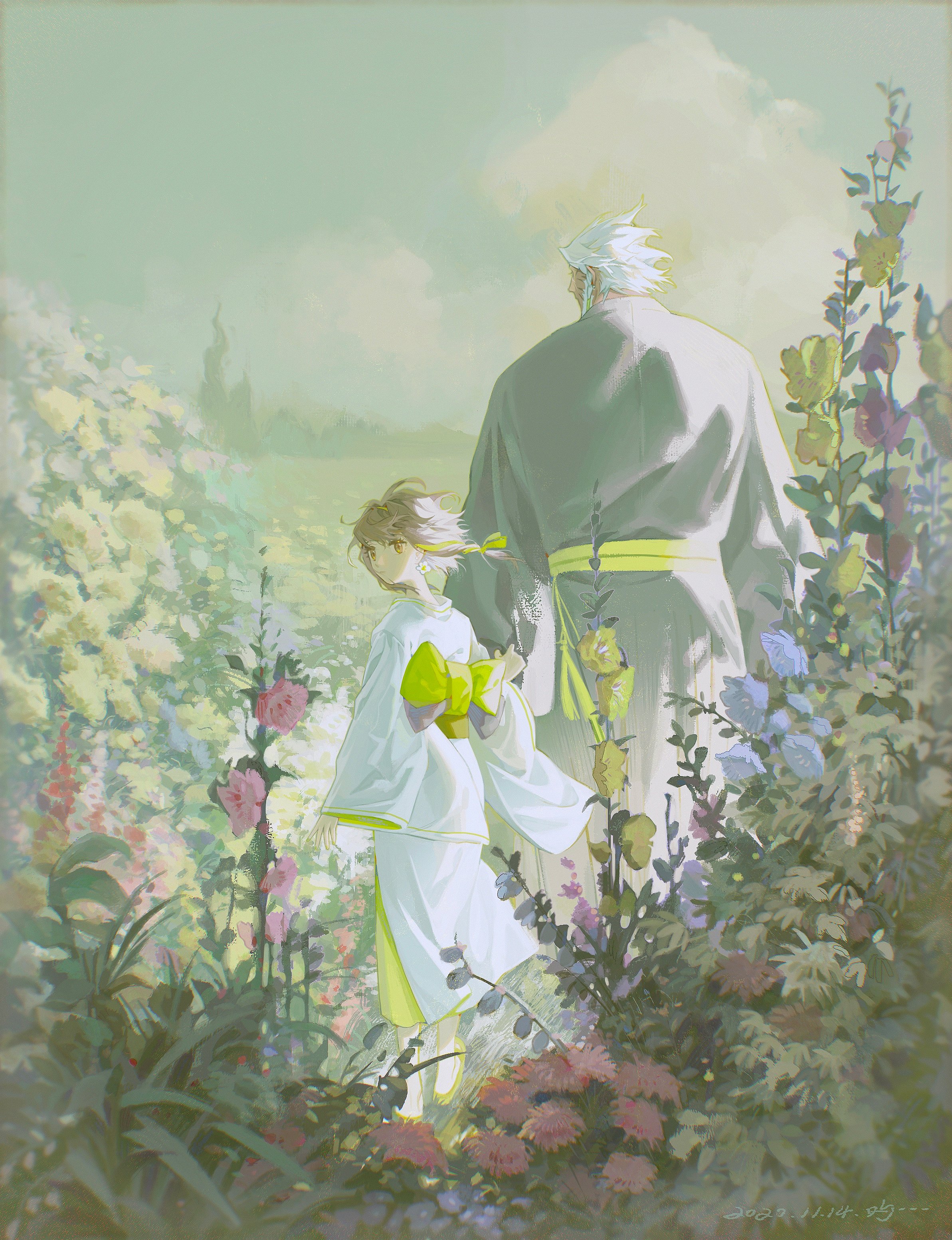 this is a digital illustration of an animestyle couple walking through a colorful flower field. the woman is wearing a white dress with a yellow bow and the man is wearing a dark grey kimono with a yellow sash. the background is a soft blue sky with fluffy white clouds and a distant landscape of trees and fields. the flowers in the foreground are a mix of vibrant colors, including purple, blue, yellow, and pink. the overall feeling of the artwork is serene and peaceful.