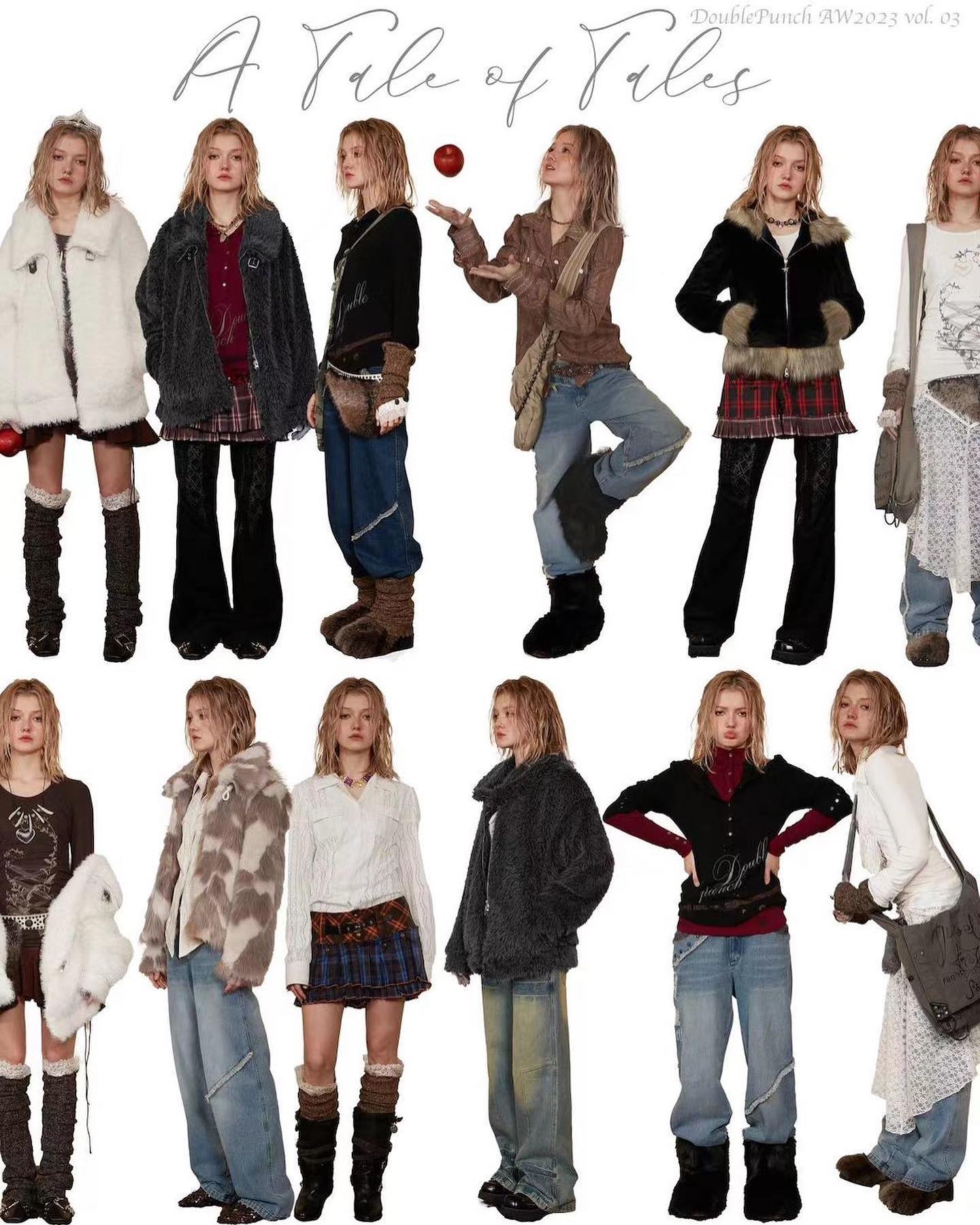 he image is a fashion photoshoot for a clothing brand called "doublepunch" showcasing their autumn/winter 2023 collection (vol. 03).  it features multiple young women, each styled in a distinct yet cohesive grunge/alternative aesthetic. the outfits incorporate various elements, like chunky boots, jeans, skirts, sweaters, jackets, and coats. the overall style blends elements of grunge, y2k, dark academia, and a touch of cottagecore influences. the models are posed individually against a white background, and some props are included such as apples and bags. the title "a tale of tales" is superimposed on the image, adding a whimsical feel. the picture functions as a lookbook to display various outfits from the collection.