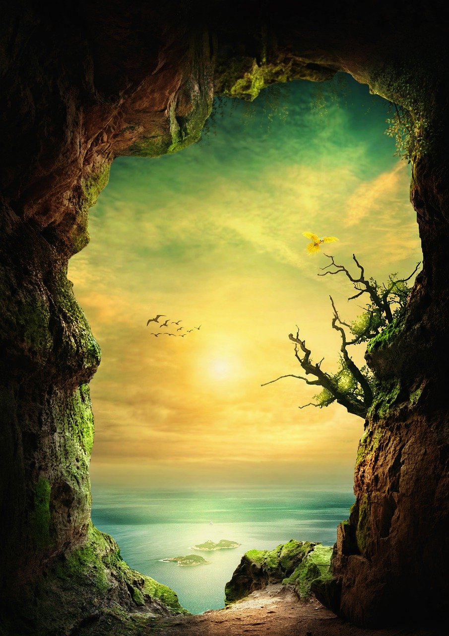 an image of a view from a cave entrance overlooking the sea. there are cliffs on either side of the entrance, covered in moss. the sea has a few small islands in the distance. the sky is a mix of green, yellow, and white, with a bright sun. a flock of birds is flying in the sky and a yellow bird is flying near a tree branch.