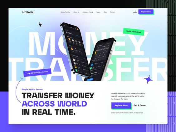 this is a website mockup for an app called imtibank that allows users to transfer money internationally. the website design features a vibrant color scheme and an image of a smartphone with the app open. the headline, "transfer money across world in real time," highlights the app's key features and benefits. it also states that the app is fast and secure, and that it's up to 7x cheaper than traditional banking. the calltoactions, "register now" and "get a demo," encourage users to learn more about the app and sign up. overall, the design is visually appealing and effectively communicates the app's value proposition.