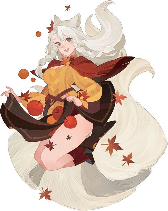 the illustration showcases a playful kitsune, a fox girl from japanese folklore. she is depicted in midair, her long white hair and bushy tail flowing around her. her attire, a mix of orange, yellow, and brown hues, reflects the colors of autumn. scattered around her are falling maple leaves in shades of red and orange, enhancing the autumnal theme. the soft lighting and the gentle smile on her face add to the whimsical and charming nature of the artwork.