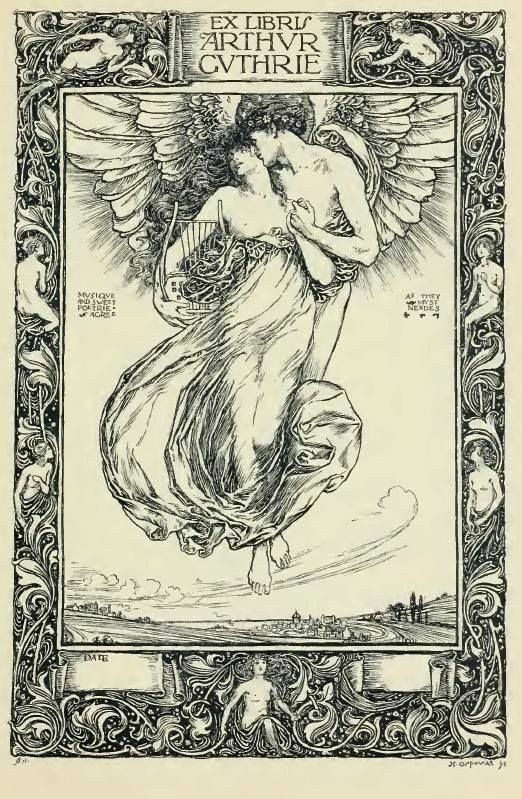 an art nouveau bookplate with the words "ex libris arthur guthrie" at the top. the image features a winged couple, possibly angels, embracing. the female figure holds a harp. the background includes clouds and a distant landscape. the artwork is surrounded by an ornate floral border. there are nude figures in the border. the bottom has a place for the date to be written.