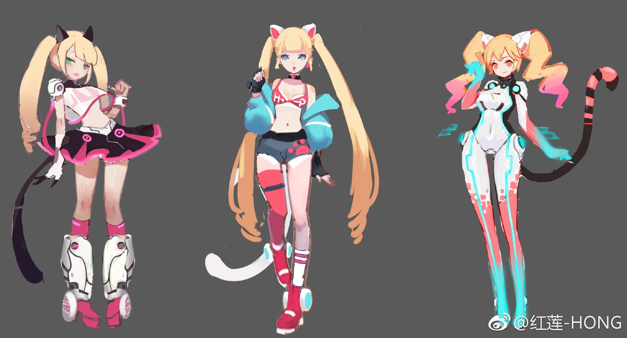 the image shows three variations of a female character design in what appears to be concept art. the character is styled as a futuristic cat girl with blonde hair in twintails, blue eyes, and a color scheme of pink, blue, white, and black.  all three variations feature a pink top, some type of cat ear headband, a tail, and white, pink, and blue futuristic footwear.  the leftmost variation showcases a pink and white pleated skirt, thighhigh socks, and bulky white and pink boots. the center image presents a more casual, sporty look with a pink sports bra, blue jacket, red athletic shorts, and red and white hightop sneakers. the rightmost design portrays the character in a white, formfitting bodysuit with blue glowing accents and a long, flowing tail. the background for all three variations is a plain gray.