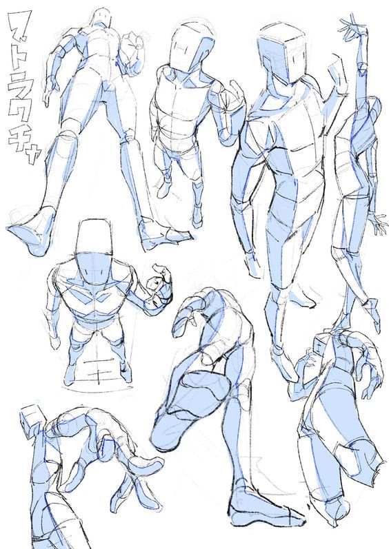 he image contains multiple sketches of human figures in various dynamic poses. the style is reminiscent of anime or manga, with simplified lines and a focus on movement and gesture.  the figures are depicted from different angles and perspectives, showing various body positions and limb actions.  the lines are light blue, and the overall style is clean and easy to follow, possibly intended as a reference for artists.