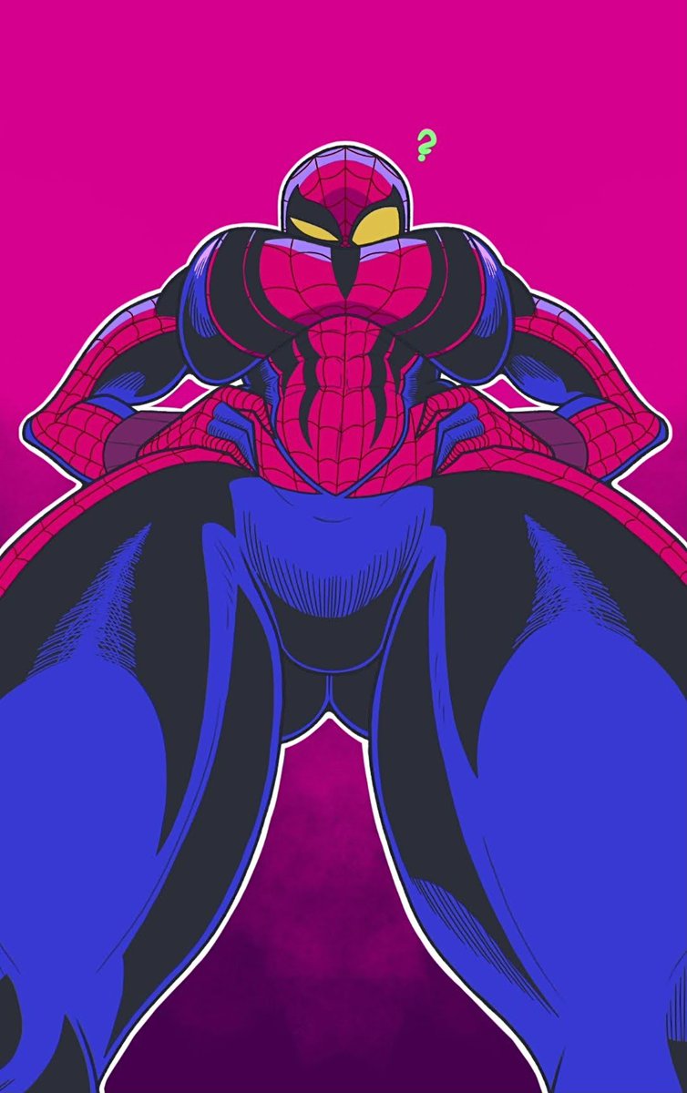 a largemuscled, female, spiderwoman stands looking down with her head tilted and a question mark above it.  she wears a classic spiderman suit in red, blue, and black with white webbing.  she is large and powerful with a very muscular build.  the background is a solid pink.  she is shown from the waist up.  the image is a digital illustration in comic book style.