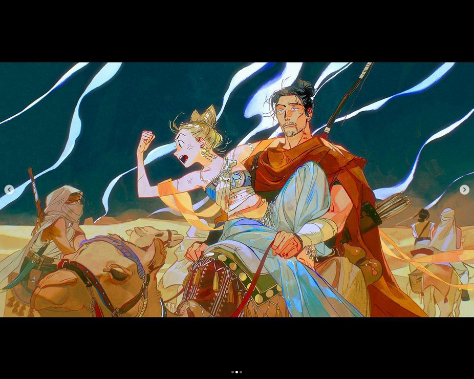 the illustration depicts a vibrant and colorful scene of a desert journey. a woman and a man are riding a camel, their attire suggesting a fantasy or historical setting. the woman is wearing a blue and yellow outfit, while the man is dressed in a red and brown robe. the camel is adorned with intricate details and is moving through the sandy terrain. in the background, other figures can be seen riding camels as well, suggesting a caravan traveling through the vast desert. the overall atmosphere is one of adventure and exploration, with hints of mystery and excitement. the artwork is rich in color and detail, showcasing the beauty and grandeur of the desert environment.