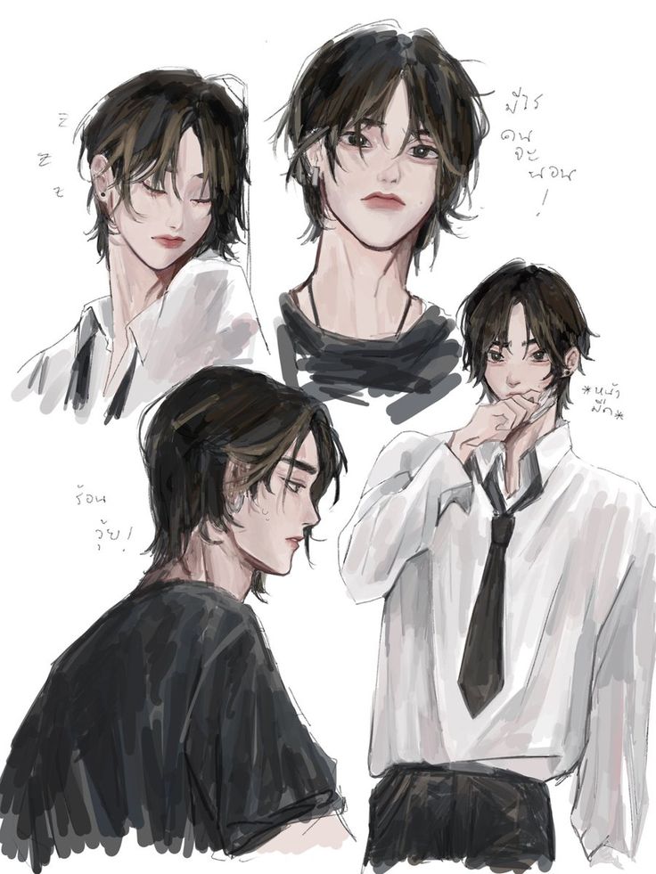 he image contains four illustrations of animestyle male characters.  each character has a distinct hairstyle and outfit. the illustrations are drawn in a soft, slightly sketchy style, with a focus on the characters' expressions and poses.  some illustrations have text written next to them, which seems to be in thai.  the overall aesthetic is soft and slightly melancholic, with a focus on the characters' subtle emotions. the characters all appear to be young men, possibly teenagers or young adults.  the art style suggests a possible influence from korean or japanese pop culture.