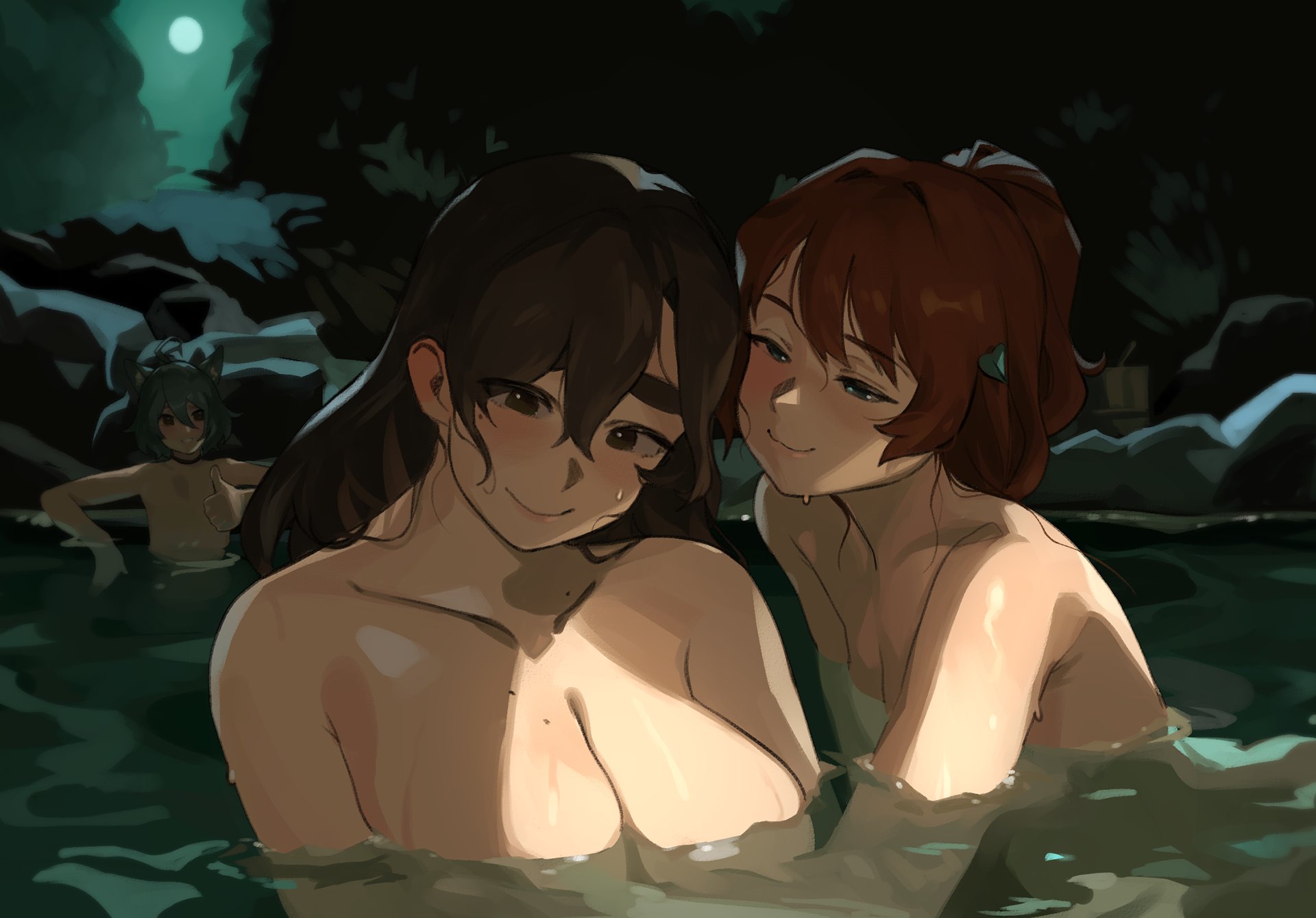 the image is a digital illustration in an anime style. it depicts two young women, one with brown hair and the other with reddishbrown hair, partially submerged in a dark, outdoor hot spring or onsen at night.  the lighting is dramatic, with moonlight illuminating the scene. one woman's arm is around the other, suggesting intimacy or affection.  a third, smaller figure (possibly a girl or young woman) can be seen in the background, also bathing. the overall atmosphere is serene yet slightly suggestive due to the intimate pose of the two central figures. the style is painterly, with soft shading and blending of colors.
