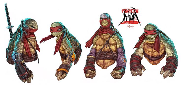 this is a digital illustration of four teenage mutant ninja turtles. the four turtles are all depicted in their classic red bandanas. they are all in action poses, and they are all holding their signature weapons. the image is set against a white background.  the  background has the "teenage mutant ninja turtles"  title, with the word "shinobi" underneath it.  they are also in a fighting stance, and they appear to be ready for battle. the artist has used a vibrant color palette to bring the image to life.