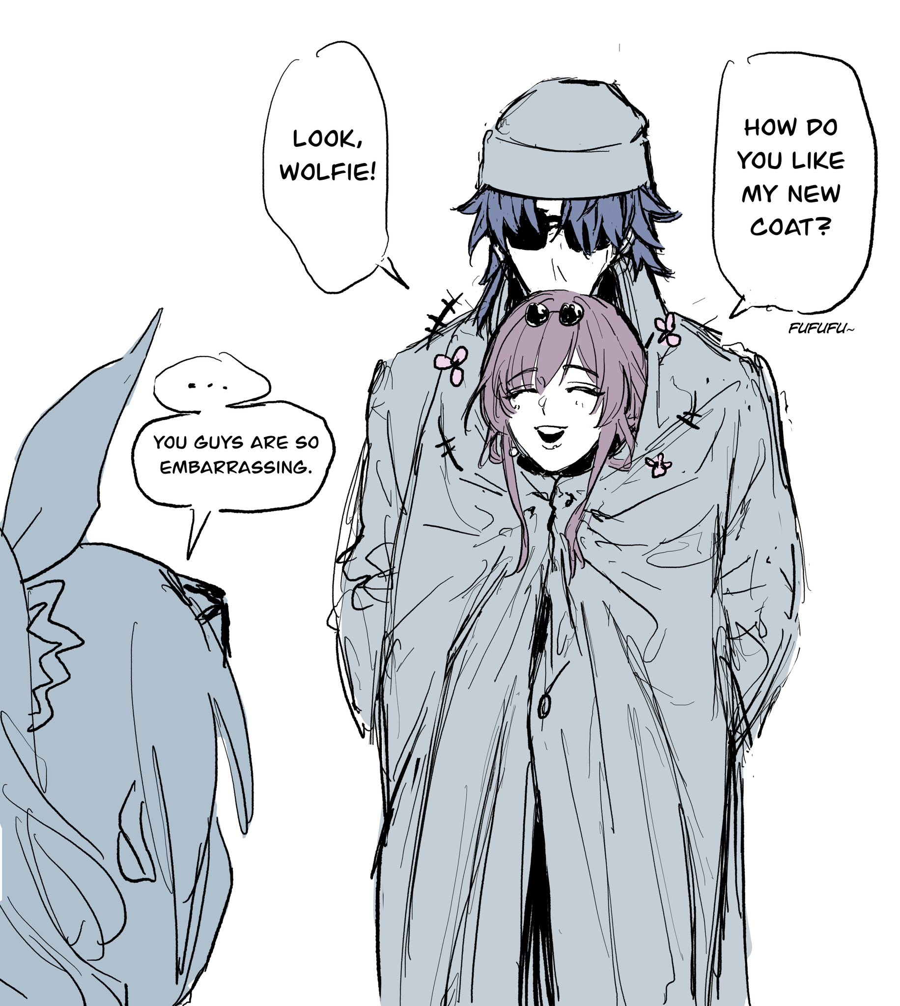 a cartoon image of a boy and a girl who are dressed in casual attire. the boy is wearing a blue and white coat with a black hat and sunglasses. the girl is wearing a light pink longsleeved shirt. she has long purple hair and the boy has short purple hair. there are speech bubbles around them, indicating that they are talking.