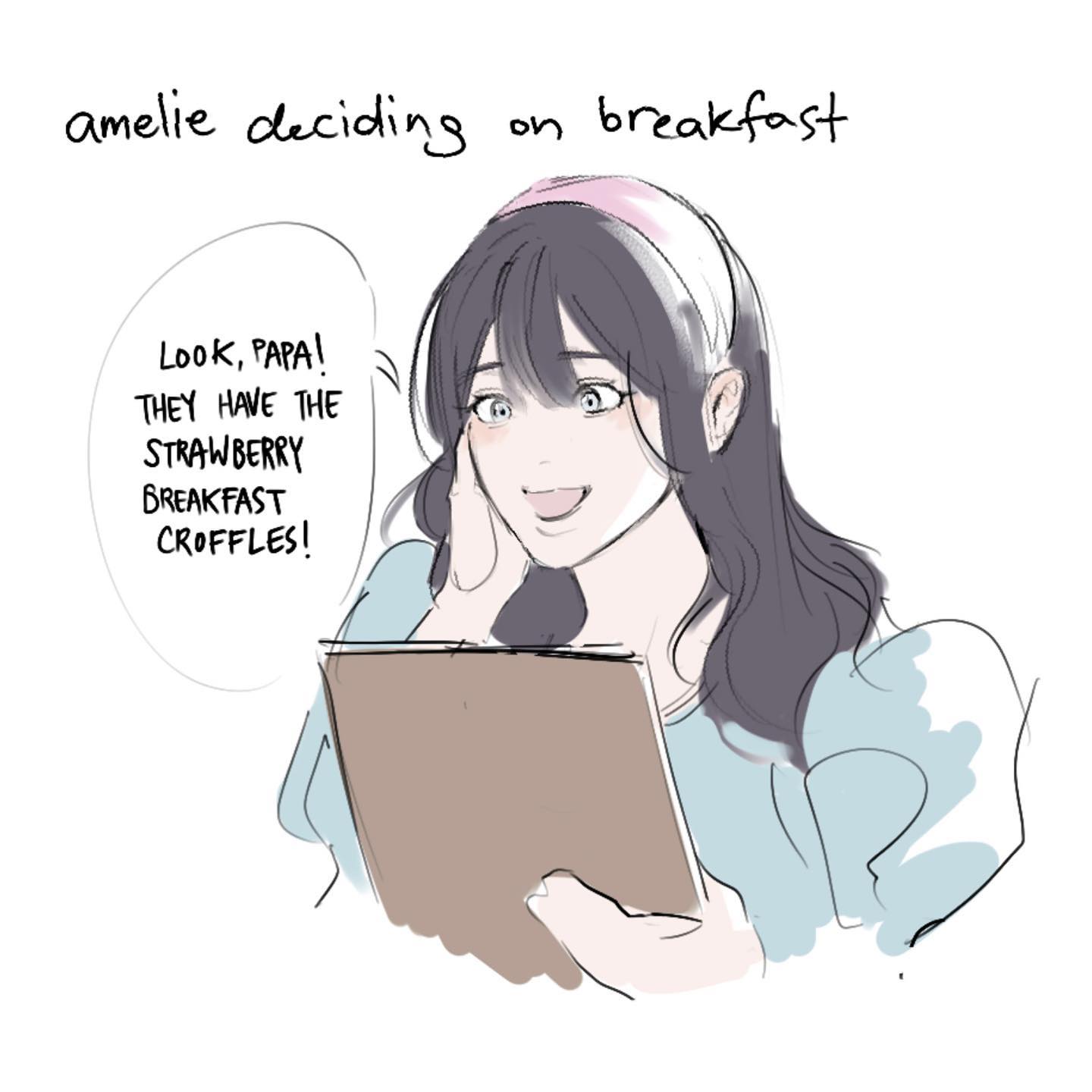 a cartoon anime girl, named amelie, is deciding on what to eat for breakfast. she is looking at a menu that has strawberry croffles.  she is excited and happy, because it is her favorite breakfast.