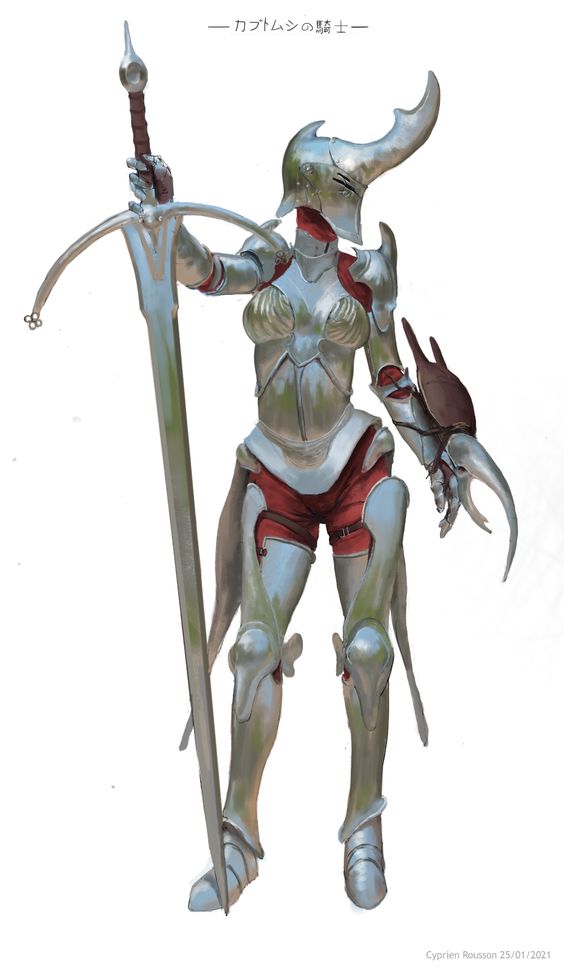this is a digital illustration of a female warrior in stylized armor. the armor appears to be inspired by insect exoskeletons, particularly that of a beetle, with a distinct helmet resembling a beetle head. she is holding a long sword upright in her right hand, its tip positioned near her helmet.  she is standing on an undefined surface against a plain white background. the illustration has a soft, painterly style, and the overall palette is muted silver and grey.