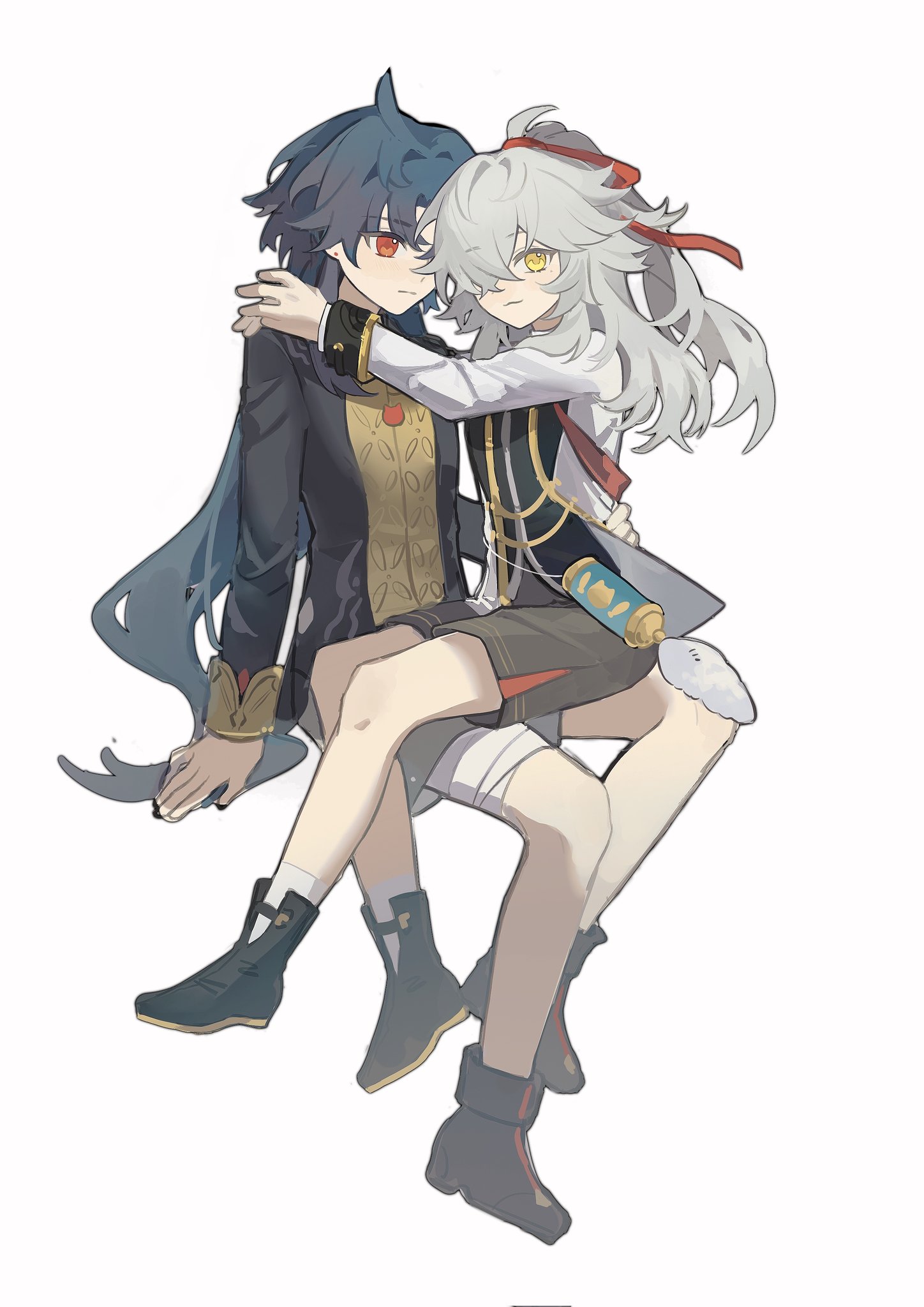 two anime girls are hugging each other. the girl with black hair is sitting and holding the white haired girl in her arms. the white haired girl is sitting on her legs with her arms around the black haired girl's neck. they are both wearing fancy outfits and boots. their faces have a soft and romantic expression.  they are probably a couple.  the background is white.