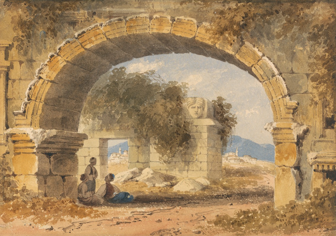 the image is a watercolor painting depicting a roman ruin. a large stone archway dominates the foreground, with figures of people seated or standing in its shadow. through the archway, a second set of ruins can be seen, adorned with a sculpted head. beyond the ruins, a landscape unfolds with a city in the distance, set against a backdrop of rolling hills and a blue sky. the ruins are weathered and covered with vegetation, and the color palette is muted, dominated by earth tones and grays. the artwork captures a sense of history, decay, and the timeless beauty of ancient architecture.