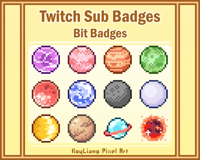 a set of 12 pixel art planets that can be used as badges for twitch subscriptions and bit donations. each planet is uniquely colored and some have additional details like rings or stars.