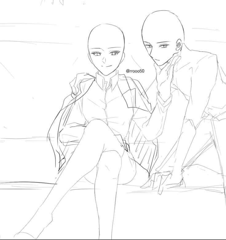 a sketch of two anime characters, a man and a woman, sitting together. the woman is sitting on the couch, with her legs crossed, and she is looking at the man. the man is leaning towards her, with his hand on her cheek. the drawing is in black and white.