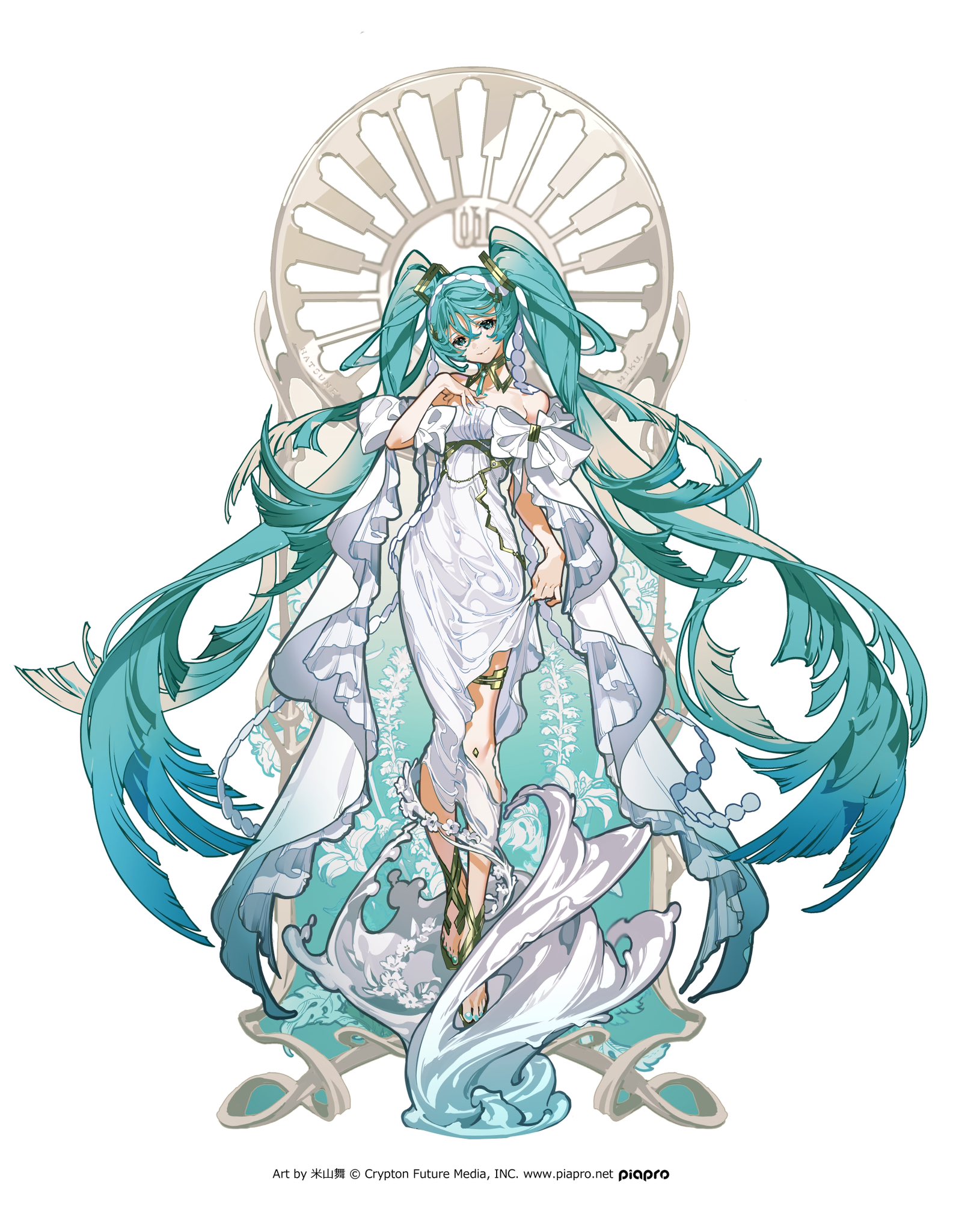 a digital illustration of hatsune miku in a flowing white dress with long blue and green hair. she is standing in a ornate frame with a flower pattern. she is looking down and her hair is flowing around her. the art style is very intricate and detailed, with a lot of swirls and flourishes.