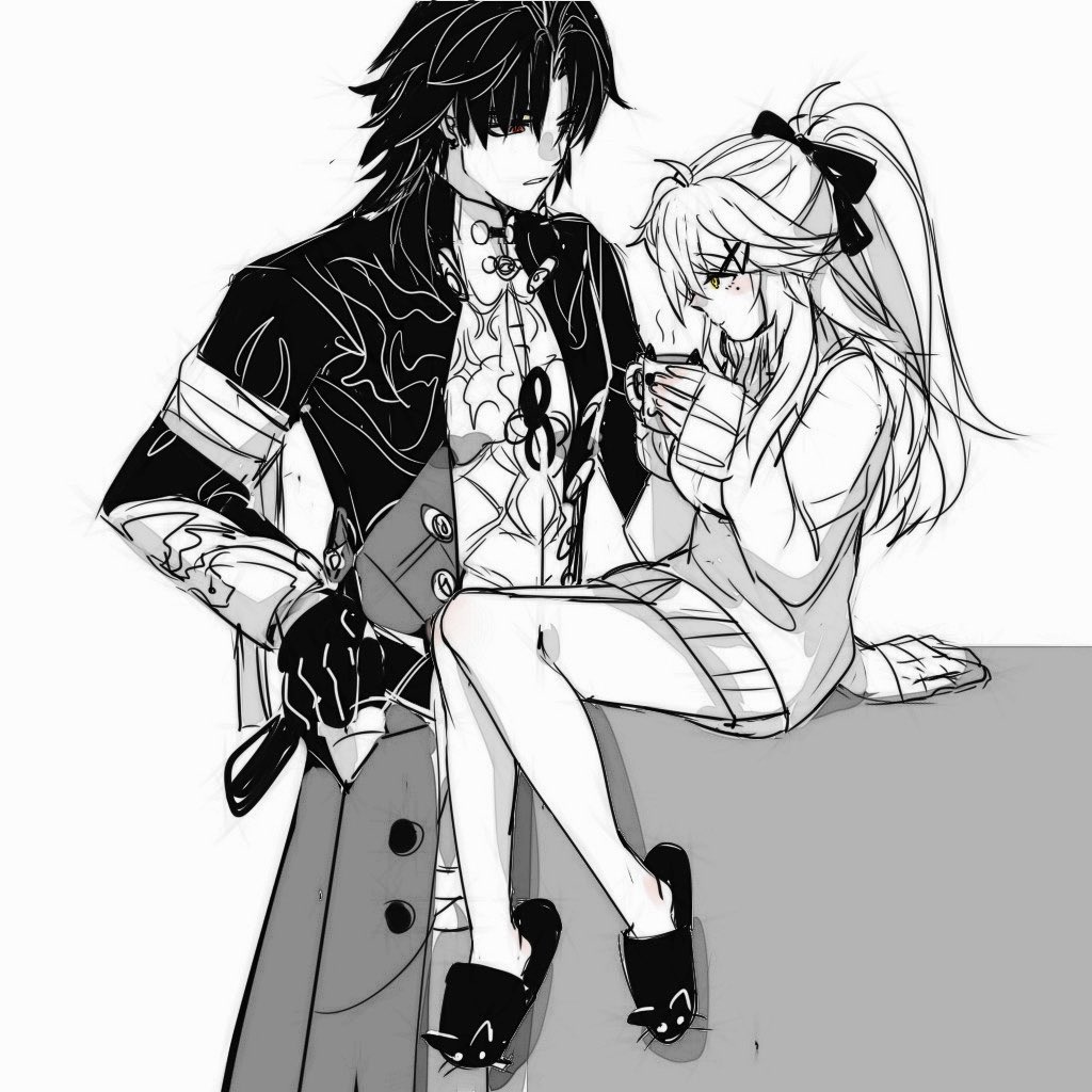 the image depicts a romantic scene between an anime couple, a man and a woman, in a cozy indoor setting. the man, with stylish long black hair, is dressed in a tailored coat and has an intricate design on his chest, adding a mysterious air. the woman, with long white hair tied with a ribbon, looks sweetly at him while holding a cup, perhaps tea or coffee, with a cat ear slipper on one foot. the couple is enjoying a cozy and affectionate moment, their expressions and body language conveying a sense of warmth and intimacy. the art style is classic anime, with delicate lines and soft shading, emphasizing the tenderness and affection of the scene.
