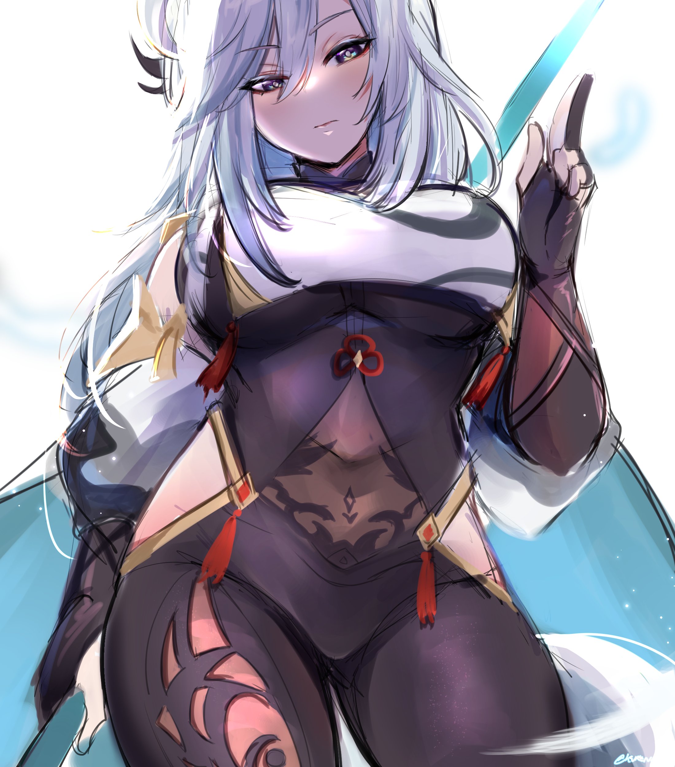 this image is a digital illustration of an anime girl with long white hair and blue eyes. she is wearing a purple and black outfit and is holding a sword.  she is standing and posing for the camera. she has a serious and confident expression on her face.